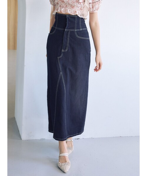 MERCURYDUO（マーキュリーデュオ）の「デニムコルセットバックスリットロングスカート（デニムスカート・レディース・ブルー/インディゴ・S/M）」の4枚目の写真