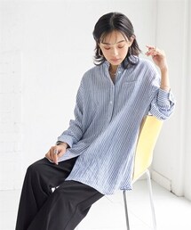 nissen | 大きいサイズ柔らか綿混ヘリンボーンバンドカラーゆるシャツ(シャツ/ブラウス)