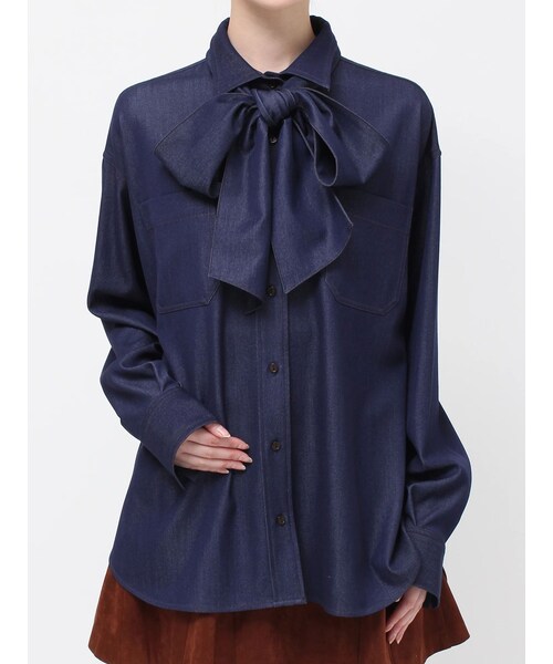 MERCURYDUO（マーキュリーデュオ）の「配色ステッチビッグリボンセットシャツ（シャツ/ブラウス・レディース・インディゴ/オフホワイト/ピンク・F）」の4枚目の写真
