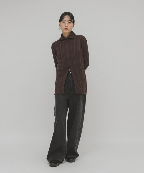 KBF（ケイビーエフ）の「ボタンアップランダムRIBニット（ニット/セーター・レディース・L.BEIGE/BROWN/CHARCOAL・One）」の19枚目の写真