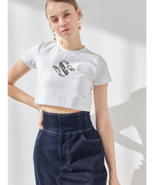 MERCURYDUO（マーキュリーデュオ）の「クロップドパールロゴTシャツ（Tシャツ/カットソー・レディース・オフホワイト/ブラック/パープル・F）」の3枚目の写真