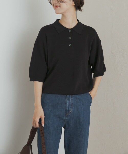 URBAN RESEARCH DOORS（アーバンリサーチドアーズ）の「ニットポロシャツ（ポロシャツ・レディース・BLACK/CHARCOAL/Y.KHAKI・M）」の5枚目の写真