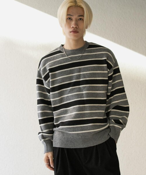 SENSE OF PLACE by URBAN RESEARCH(センスオブプレイスバイアーバンリサーチ)の「ウールブレンドボーダークルーネックニット(ニット/セーター・メンズ・BLACK/L.GRAY/GREEN・M/L)」の9枚目の写真