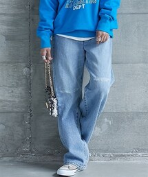 GEVS. | 大きいサイズ綿100％クラッシュ加工ワイドストレートデニムパンツGEVS.(デニムパンツ)