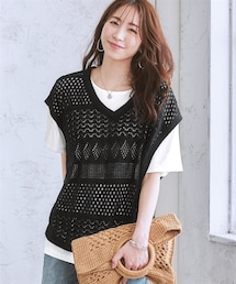 nissen | 2点セット（透かし編みベスト＋Tシャツ）(ニット/セーター)