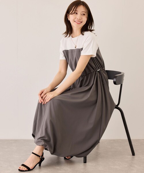 Jayro（ジャイロ）の「半袖ドッキングバルーンワンピース（ワンピース・レディース・ブラック/チャコール/カーキ・M）」の2枚目の写真