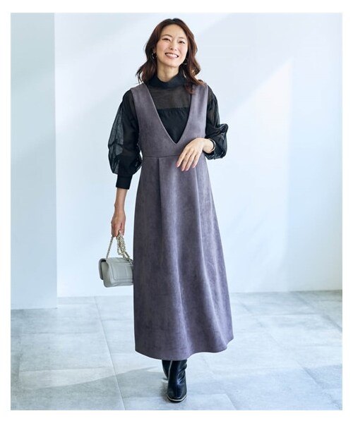 nissen（ニッセン）の「Vネックジャンパースカート【OtonaSMILE】（ワンピース・レディース・グレー/キャメル・M/L/LL/3L/4L/5L/6L）」の15枚目の写真