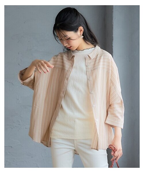 nissen（ニッセン）の「＜大きいサイズ＞綿１００％柔らか７分袖ドルマンゆるシャツチュニック（チュニック・レディース・黒系チェック/ベージュ系ストライプ/ブルー系ストライプ/ブラックウォッチ・L/LL/3L/4L/5L/6L/8L/10L）」の21枚目の写真