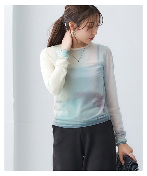 nissen（ニッセン）の「プリントシアートップス（Tシャツ/カットソー・レディース・グレー系タテ柄/ライトグリーン系ニュアンス柄・S/M/L/LL）」の11枚目の写真