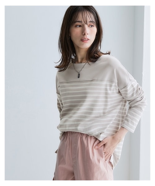 nissen（ニッセン）の「綿１００％スムースパネル風ボーダーカットソートップス＜大きいサイズ有＞（Tシャツ/カットソー・レディース・オフホワイト×ペールブルー/オフホワイト×ベージュ/ライトグレー×オフホワイト/オフホワイト×ネイビー/オフホワイト*ネイビー/ネイビー×モカ/オフホワイト×ミルキーピンク/(新色)オフホワイト×ミルキーピンク/オフホワイト×ミルキーグリーン/(新色)オフホワイト×ミルキーグリーン・S/M/L/LL/3L/4L/5L/6L/8L/10L）」の12枚目の写真