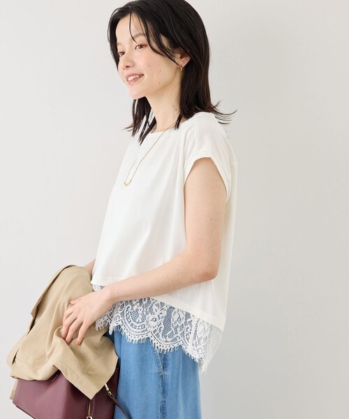 ROPE' PICNIC(ロペピクニック)の「レースドッキングフレンチスリーブトップス/UVカット・接触冷感・汗染み防止(Tシャツ/カットソー・レディース・ブラック/ホワイト/サックス/クリーム・F)」の19枚目の写真