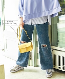 nissen | 大きいサイズ 綿100％ゆるストレートクラッシュデニムパンツ（ゆったりヒップ）(パンツ)