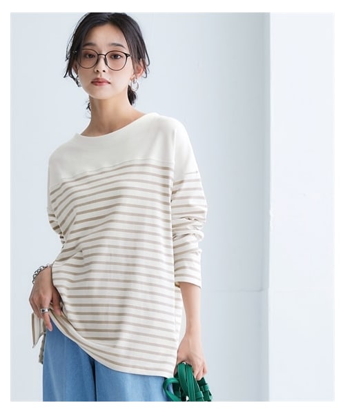 nissen（ニッセン）の「綿１００％スムースパネル風ボーダーカットソートップス＜大きいサイズ有＞（Tシャツ/カットソー・レディース・オフホワイト×ペールブルー/オフホワイト×ベージュ/ライトグレー×オフホワイト/オフホワイト×ネイビー/オフホワイト*ネイビー/ネイビー×モカ/オフホワイト×ミルキーピンク/(新色)オフホワイト×ミルキーピンク/オフホワイト×ミルキーグリーン/(新色)オフホワイト×ミルキーグリーン・S/M/L/LL/3L/4L/5L/6L/8L/10L）」の7枚目の写真