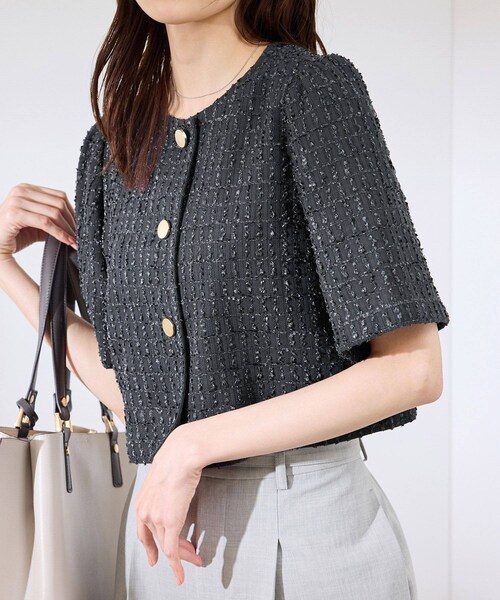 ROPE' PICNIC（ロペピクニック）の「【サマー・ツイード】金ボタンカーディジャケット（ノーカラージャケット・レディース・チャコール/ライトグレー/ホワイト/ネイビー・38）」の2枚目の写真