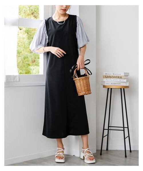 nissen（ニッセン）の「ふんわり袖異素材ドッキングワンピース（ワンピース・レディース・黒×ストライプ/ベージュ×白シアーチェック/カーキ×白シアーチェック・L/LL/3L/4L/5L/6L/8L/10L）」の8枚目の写真