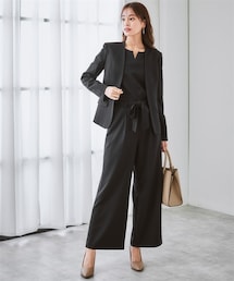 7days Life Styling | 【レディーススーツ】ドビー素材セットアップパンツスーツ３点セット（ノーカラージャケット＋フレア袖ブラウス＋リボン付ワイドパンツ）(スーツセット)