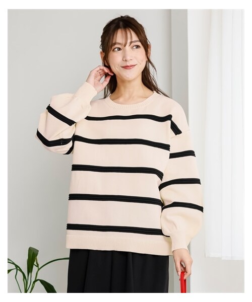 nissen（ニッセン）の「大きいサイズかるfuwaビッグシルエット立体ボーダーニット（型崩れしにくい）（ニット/セーター・レディース・黒系/スモーキーブルー系/スモーキーグリーン系/オフホワイト系・L~LL相当/3L~4L相当/5L~6L相当/8L相当/10L相当）」の3枚目の写真