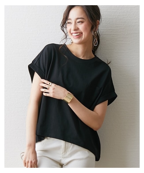 nissen（ニッセン）の「綿１００％　ゆるシルエット胸ポケット付Ｔシャツ【改良しました！】（Tシャツ/カットソー・レディース・[移行済]オフ/[移行済]ベージュ/[移行済]クロ/[移行済]カーキ/[移行済]パープル/[移行済]ブルー/[移行済]ダークグレー/[移行済]グレージュ/[移行済]モカ/[移行済]ブルーグレー/[移行済]スモークピンク/オフホワイト/ベージュ/ブラック/カーキ/モカ/ブルーグレー/スモークピンク/ミント/イエロー/ターコイズブルー/オフ×黒ボーダー(新色)/スカイブルー(新色)・M/L/LL/S/3L）」の17枚目の写真