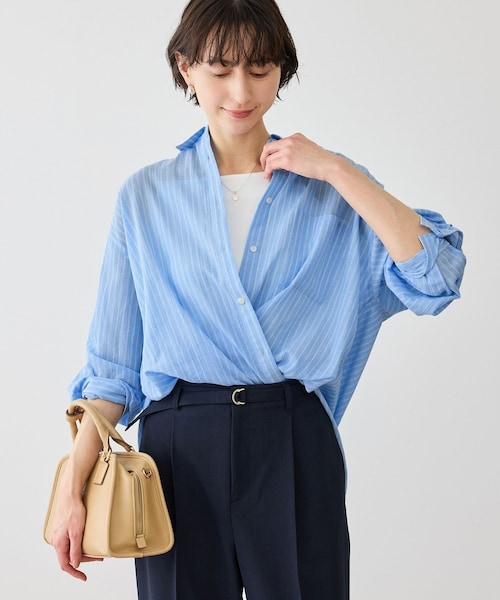 ROPE' PICNIC(ロペピクニック)の「お着軽シャツシリーズ 無地・ストライプ 2WAYシアーブラウス/接触冷感・通気性(シャツ/ブラウス・レディース・ホワイト/ネイビー/ブルー/ブルー系/ピンク/イエロー/ラベンダー/ダークブラウン/サックス/オレンジ・F)」の5枚目の写真
