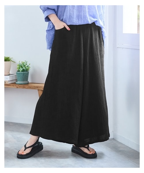 nissen（ニッセン）の「＜大きいサイズ＞綿１００％ダブルガーゼガウチョパンツ（ゆったりヒップ）（パンツ・レディース・ギンガムチェック/黒/ネイビーストライプ・L/LL/3L/4L/5L/6L/8L/10L）」の6枚目の写真