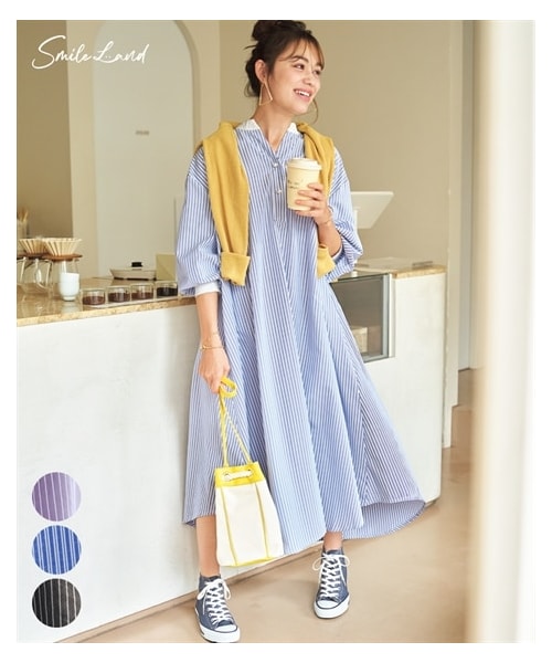 nissen（ニッセン）の「大きいサイズ ゆるシルエットパール調ボタン配色ワンピース（ワンピース・レディース・ラベンダー系/ネイビー系/黒系/オフホワイト系・L~LL相当/3L~4L相当/5L~6L相当/8L相当/10L相当）」の4枚目の写真