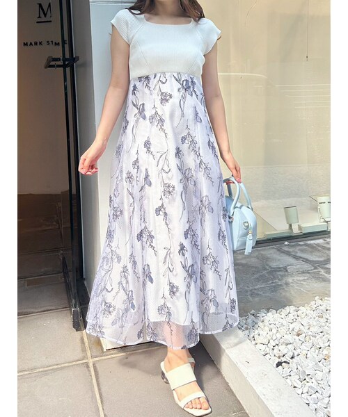 チュール刺繍ニットドッキングワンピース