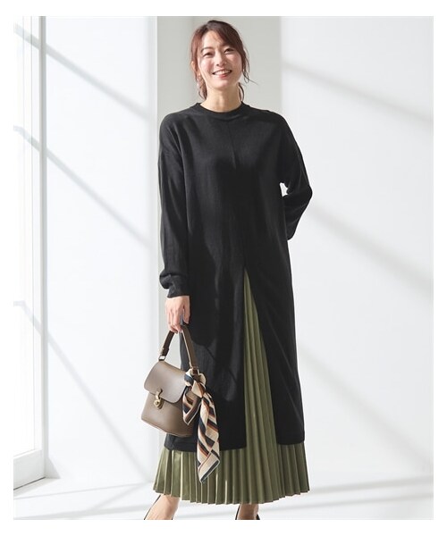 nissen（ニッセン）の「２点セット（ニットチュニック＋プリーツスカート）【OtonaSMILE】（ニット/セーター・レディース・ラベンダー+ライトベージュ/杢グレー+黒/黒+カーキ・M/L~LL/3L~4L/5L~6L）」の6枚目の写真