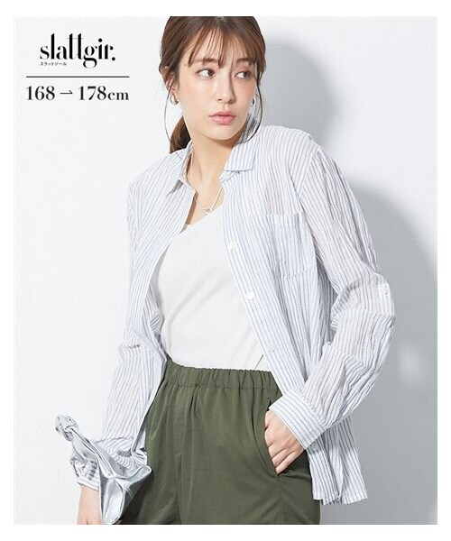 nissen（ニッセン）の「高身長　肌ざわりやわらかストライプシャツ（トールサイズ）（シャツ/ブラウス・レディース・イエロー/ブルー/オフホワイト・MTT/LTT/LLTT/3LTT/4LTT/5LTT）」の6枚目の写真