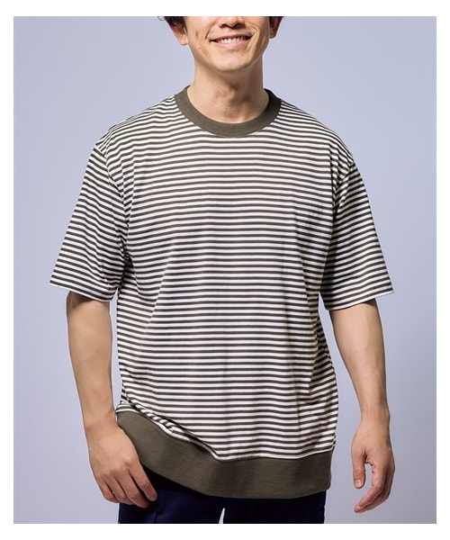 nissen（ニッセン）の「リブ付ミドルウェイト綿１００％オーバーサイズ５分袖ボーダーTシャツ（Tシャツ/カットソー・メンズ・黒系/グレー系/ネイビー系/カーキ系・M/L/LL/3L/4L/5L/6L/8L/10L）」の18枚目の写真