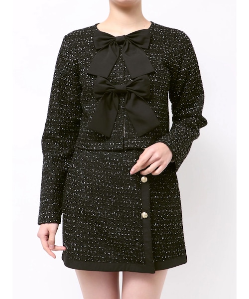 CALNAMUR（カルナムール）の「カットラメツイードリボンジャケット（ノーカラージャケット・レディース・オフホワイト/ブラック/ピンク・F）」の6枚目の写真