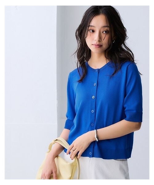 nissen（ニッセン）の「【アイスクリーンプレミアム】クルーネック5分袖ニットカーディガン（持続冷感・接触冷感・毛玉になりにくい・UVカット・洗濯機で洗える・遮熱）＜大きいサイズ有＞（カーディガン/ボレロ・レディース・黒/杢グレー/オフホワイト/スモーキーブルー(終売)/ライムグリーン/ダークグリーン/モカベージュ/ビビットブルー/レモンイエロー/キャメル・S/M/L/LL/3L/4L/5L/6L/8L/10L）」の8枚目の写真