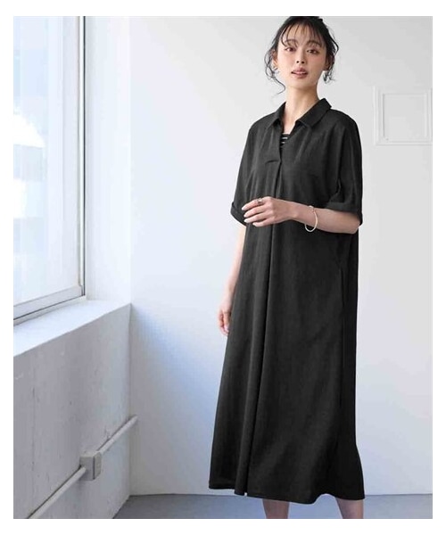 nissen（ニッセン）の「＜大きいサイズ＞涼やか美ラクRUタッチ５分袖フロントタックスキッパーゆったりロング丈ワンピース（接触冷感・抗菌防臭・UVカット・遮熱）（ワンピース・レディース・黒/チャコールグレー/グレージュ/オフホワイト×黒系ストライプ・L/LL/3L/4L/5L/6L/8L/10L）」の16枚目の写真