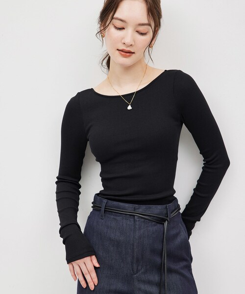 ROPE'(ロペ)の「コットンシルク丸胴テレコカップ付き長袖カットソー(Tシャツ/カットソー・レディース・ブラック/オフホワイト/ワイン・F)」の2枚目の写真