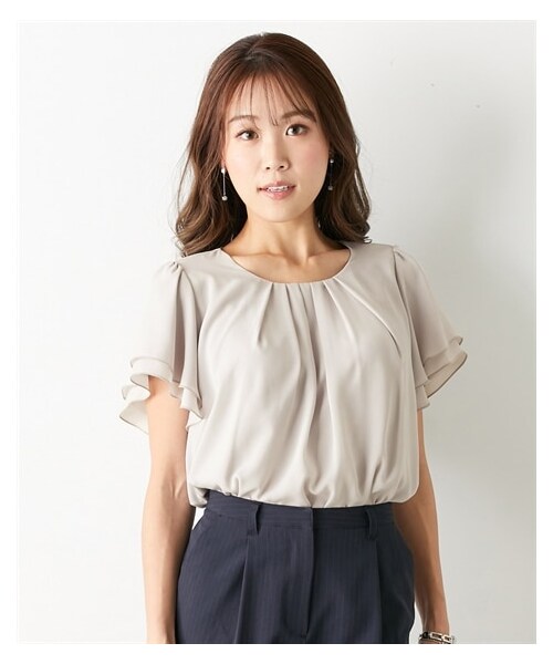 nissen（ニッセン）の「【大きい胸専用】タック入フレア2枚袖ジョーゼットブラウス（半袖）（シャツ/ブラウス・レディース・オフホワイト/ネイビー/ブルーグリーン/グレージュ/ブラック/オフホワイト×黒ストライプ・FM/FL/FLL/F3L）」の10枚目の写真