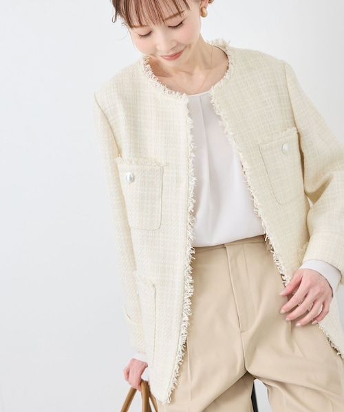 ROPE' PICNIC（ロペピクニック）の「セレモニー・通勤対応/ツイードジャケット/リンクコーデ（ノーカラージャケット・レディース・ブラック系/ライトグレー/オフホワイト/ネイビー・36/38）」の2枚目の写真