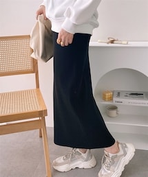 nissen | 【洗える】セルフカット　リブＩラインスカート 着痩せ 細見え 華奢見え きれいめ 上品 大人カジュアル こなれ感 ストレッチ 楽ちん ウエストゴム 秋 綿混(スカート)