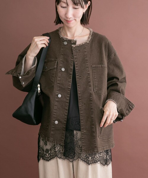 ITEMS URBANRESEARCH(アイテムズ アーバンリサーチ)の「デニムオーバーノーカラージャケット(デニムジャケット・レディース・BLK/BRN/IDG・Free)」の18枚目の写真