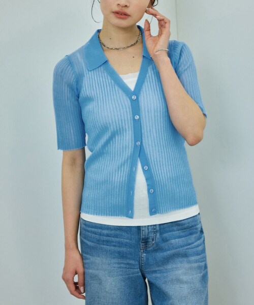 ROPE'（ロペ）の「【洗える】【WEB・一部店舗限定】シアーリブＶネックポロニット（ニット/セーター・レディース・ブラック/ベージュ/ターコイズ/ピンク・F）」の5枚目の写真