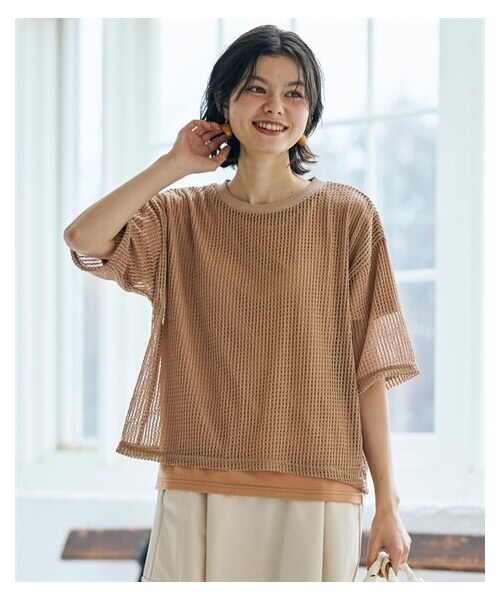 nissen（ニッセン）の「＜大きいサイズ＞２点セット（透かし編ニットソー＋5分袖Ｔシャツ）（Tシャツ/カットソー・レディース・モカベージュ/黒/オフホワイト・L/LL/3L/4L/5L/6L/8L/10L）」の10枚目の写真