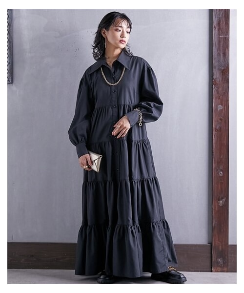 nissen（ニッセン）の「大きいサイズ ティアードマキシシャツワンピース GEVS.（ワンピース・レディース・ブルー/黒・L/LL/3L/4L/5L/6L/8L/10L）」の3枚目の写真