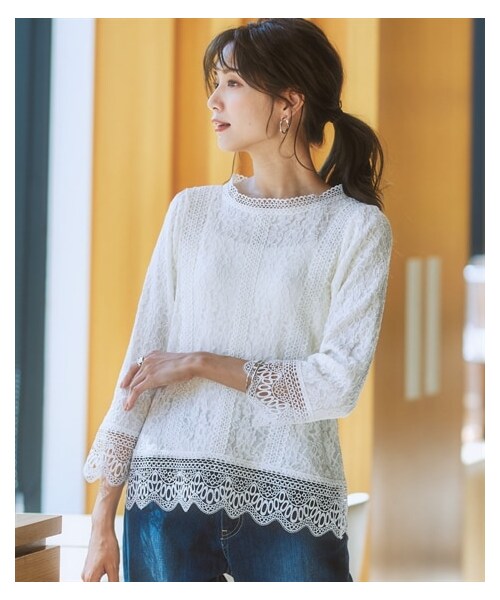 nissen（ニッセン）の「【カットソー裏地付】総レースブラウス（ウォッシャブル）（シャツ/ブラウス・レディース・アイボリー/モカベージュ/黒/グレイッシュサックス・S/M/L/LL/3L/4L/5L）」の9枚目の写真