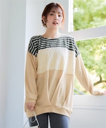 nissen | ＜大きいサイズ＞レース使い配色裾タックニットソープルオーバー(Tシャツ/カットソー)