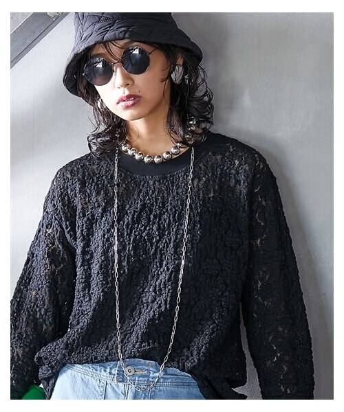nissen（ニッセン）の「大きいサイズ リブ衿レースTシャツ GEVS.（Tシャツ/カットソー・レディース・オフホワイト/黒・L/LL/3L/4L/5L/6L/8L/10L）」の15枚目の写真
