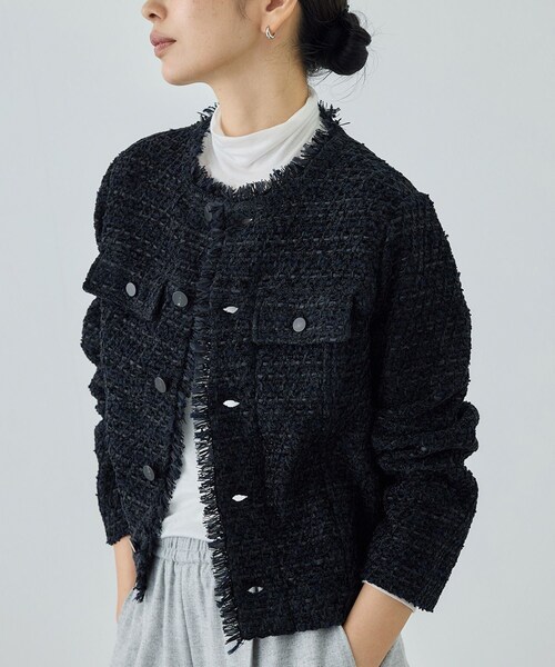 ROPE'（ロペ）の「【COOHEM(コーヘン)】BASIC TWEED VELVET JACKET（ノーカラージャケット・レディース・キナリ/ネイビー・F）」の9枚目の写真