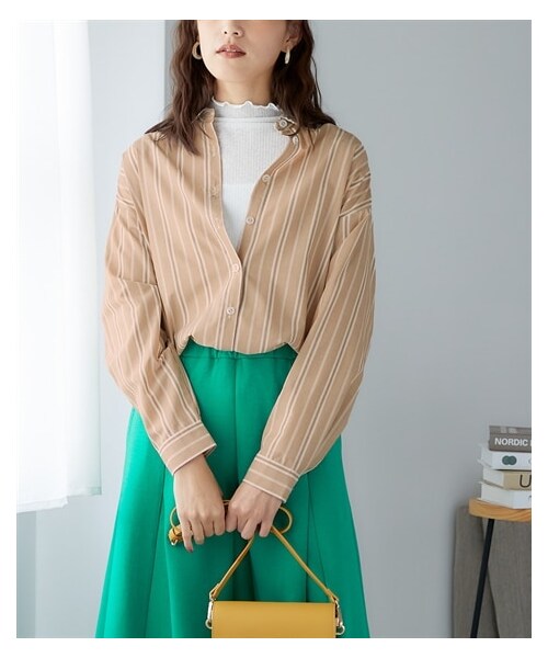 nissen（ニッセン）の「大きいサイズ ゆるシルエットストライプシャツ（シャツ/ブラウス・レディース・ミントグリーン系/ピンク系/ベージュ系/ネイビー系/オフホワイト系・L~LL相当/3L~4L相当/5L~6L相当/8L相当/10L相当）」の14枚目の写真