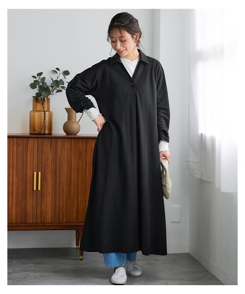 nissen（ニッセン）の「＜大きいサイズ＞美ラクRUタッチ衿付スキッパーワンピース（汗染み防止・UVカット）（ワンピース・レディース・黒/ダークグリーン/ネイビー・L/LL/3L/4L/5L/6L/8L/10L）」の9枚目の写真