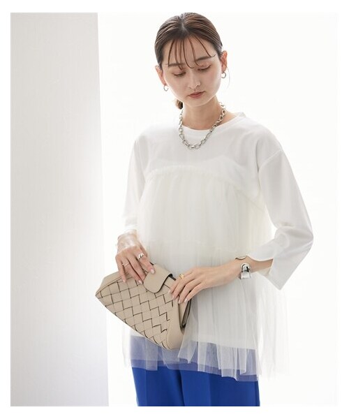 nissen（ニッセン）の「ボリュームチュール切替カットソートップス（Tシャツ/カットソー・レディース・グリーン/黒/オフホワイト・S/M/L/LL）」の5枚目の写真