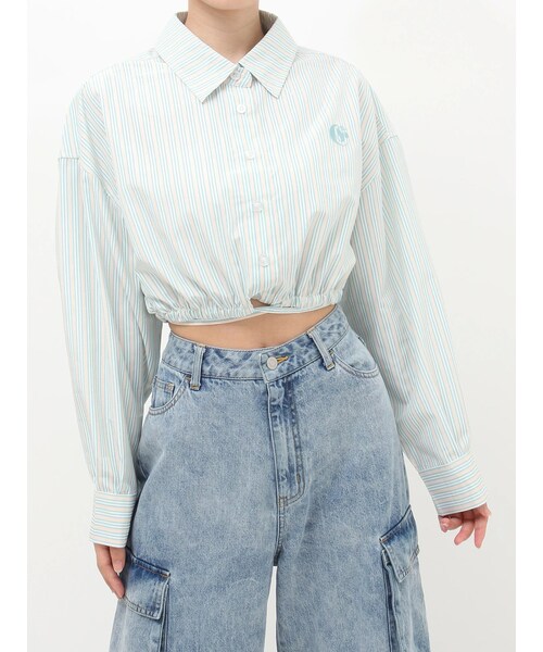 EVRIS（エヴリス）の「リボンデザインショートストライプシャツ（シャツ/ブラウス・レディース・イエロー/グリーン/ホワイト/ピンク・F）」の9枚目の写真