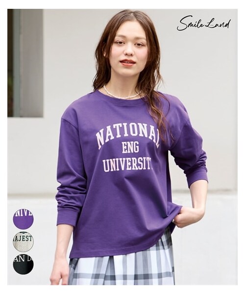 nissen（ニッセン）の「＜大きいサイズ＞ ロゴプリント長袖Tシャツ（Tシャツ/カットソー・レディース・黒/パープル/オートミール・L/LL/3L/4L/5L/6L/8L/10L）」の2枚目の写真
