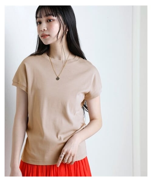 nissen（ニッセン）の「ＵＶカット綿１００％フライス素材フレンチスリーブＴシャツ（Tシャツ/カットソー・レディース・オフホワイト/黒/ダスティ―ピンク/ブルー/ディープグリーン/ブラッドオレンジ/トープ/グレージュ/ローズ/ラベンダー/不要品番/シュガーピンク・S/M/L/LL/3L）」の4枚目の写真